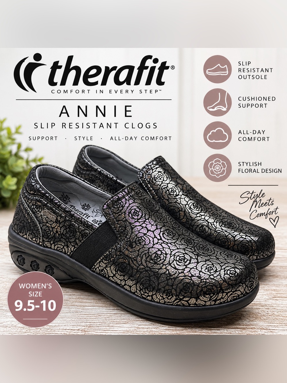 Therafit Annie Black Metallic Rose Slip Resistant Clogs Shoes Women’s 9.5-10